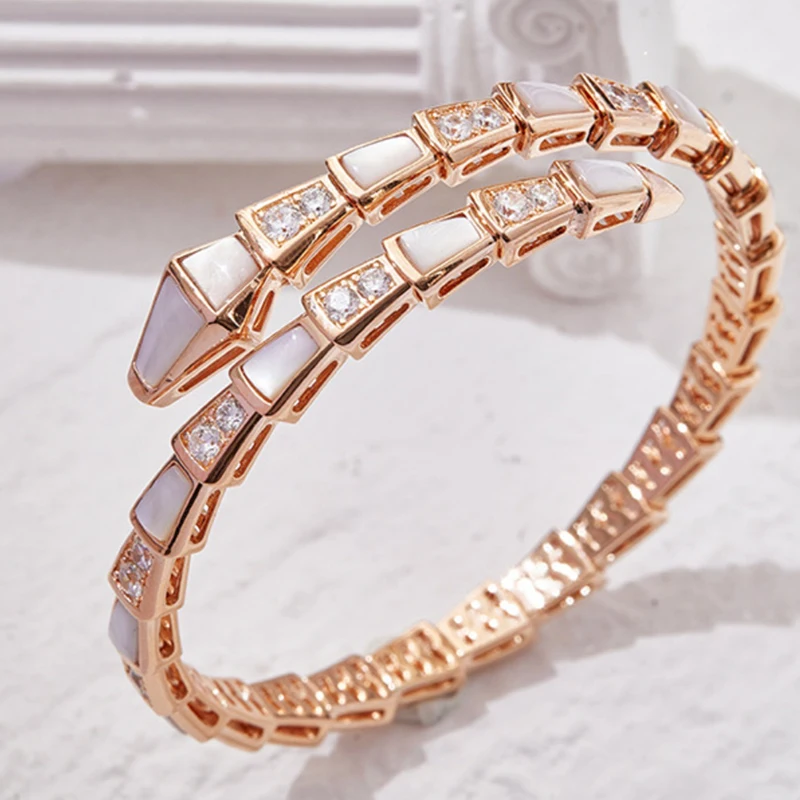 

Rose gold classic white shell snake shaped bracelet inlaid with colorful treasures, fashionable couple snake shaped bracelet