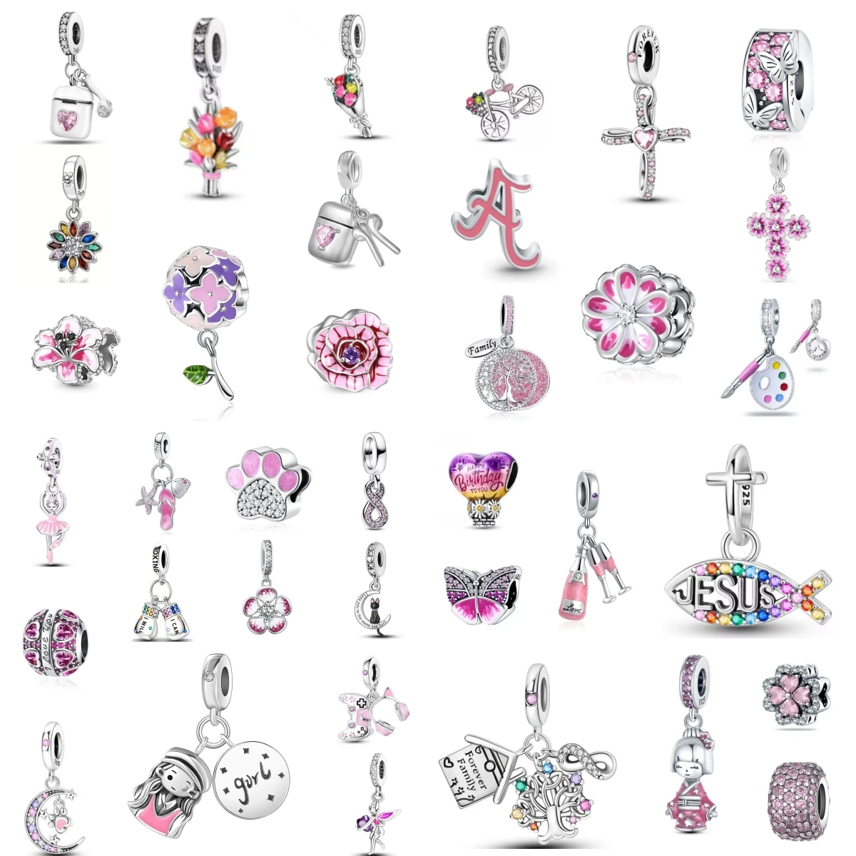 Romantic Pink Series 925 Silver, Exquisite Earphones, Bicycle Flowers, Eternal Jewelry Fit Original Bracelet DIY Birthday Gift