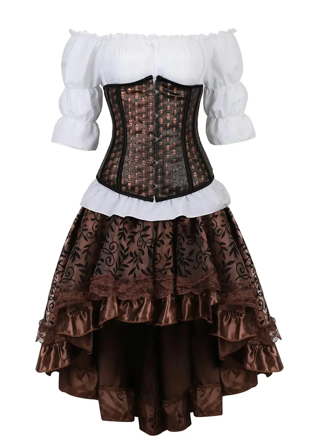 Women Corset Skirt Blouse Suit Leather Bustiers Outfits Steampunk Skull Underbust Skirts Shirt Set Carnival Party Costumes