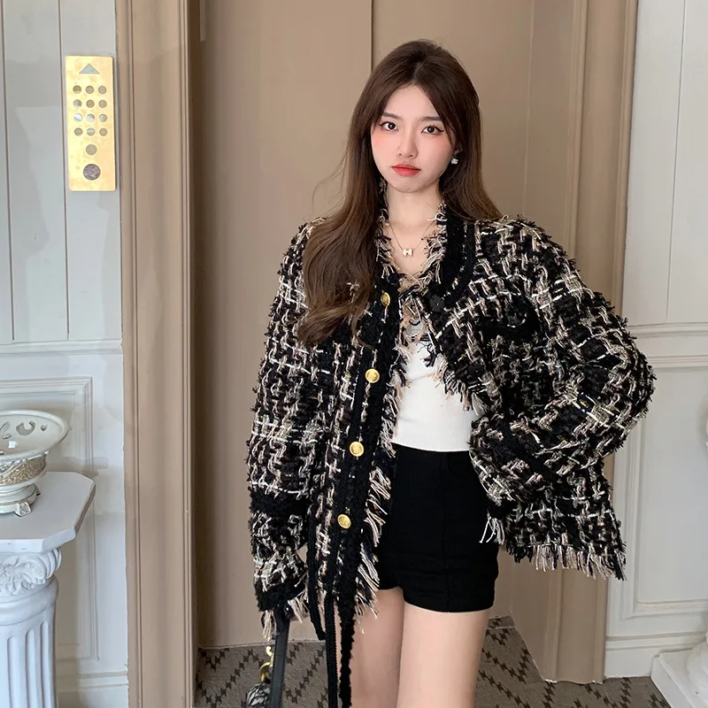 트위드 재킷 긴팔 여성 가을 다기능 캠퍼스 기본 패치 스탠드 칼라 3D 한국 스타일 보헤미안