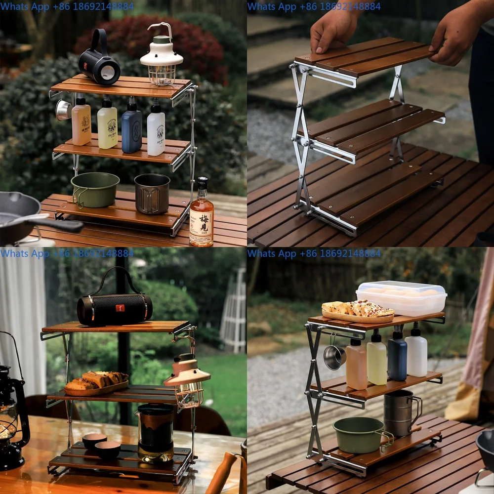 

Portable 3 Layer Camping Table Outdoor Foldable Storage Rack Multi Functional Wood Table