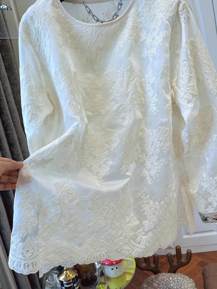 Extra Large Size 300 Pou New Chinese Sle Heavy Embroidery Sequin Patchwork Long Sve Lace irt Women's Top Spring