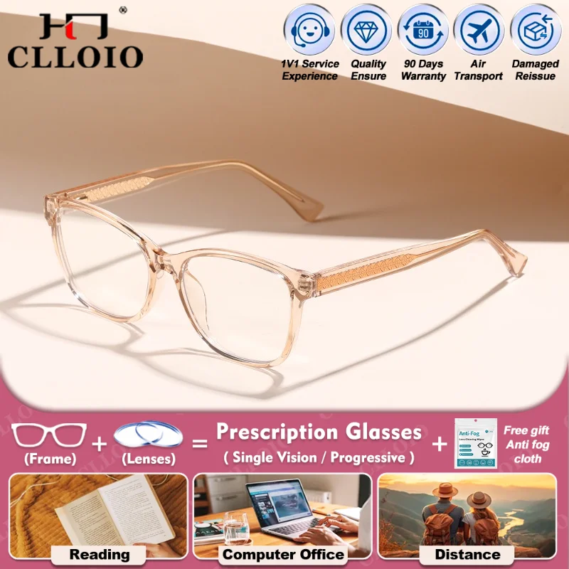 CLLOIO خمر النساء القط العين قصر النظر نظارات الكمبيوتر اللونية الضوء الأزرق حجب نظارات متعددة البؤر مع عدسة وصفة طبية