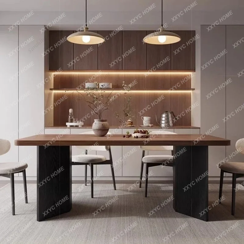 Medieval solid wood dining table North black walnut wood grain rock slab dining table
