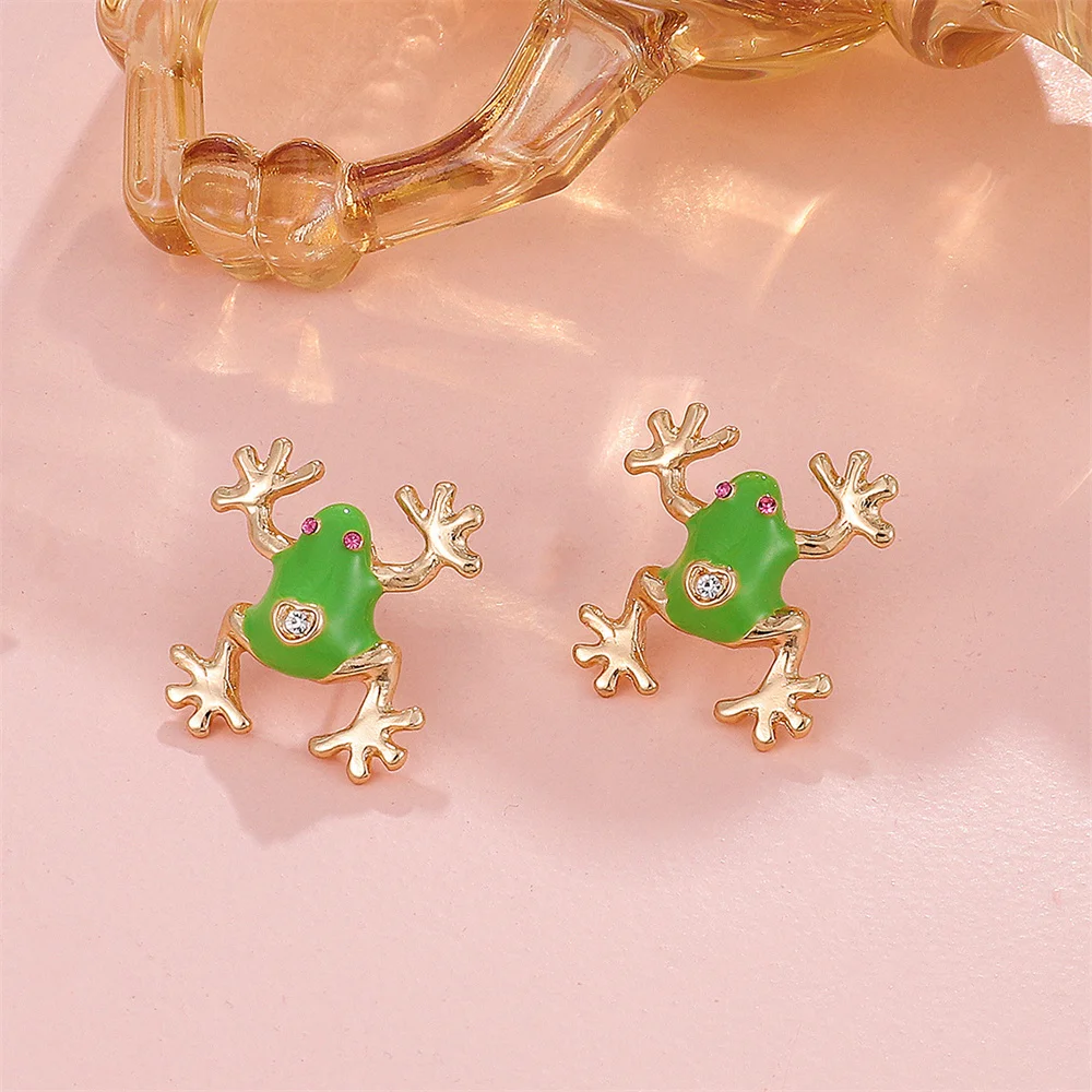 Cute Frog Ear Studs For Women Girls Korean Cartoon Fashion Metal Crystal Frog Shaped Earring Female Gift Jewelry Accessories