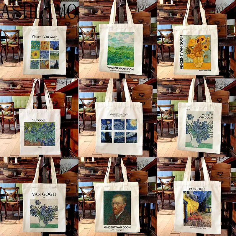 Van Gogh Malerei Frauen Leinwand Umhängetasche hohe Kapazität Einkaufstasche Ästhetik Einkaufstaschen Baumwolle Handtaschen Bücher Tasche für Mädchen