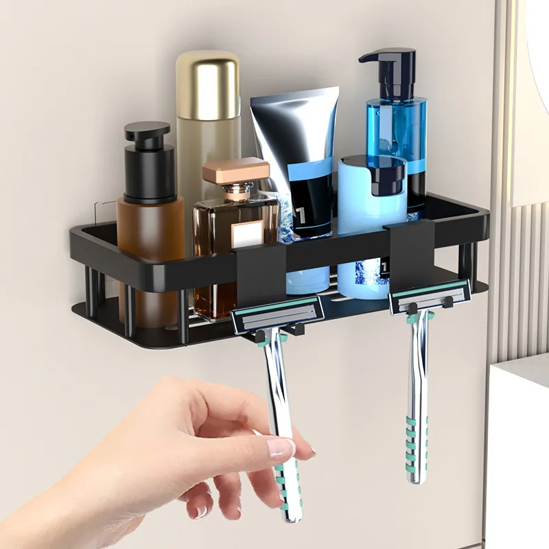 Black Bathroom Shelf with Razor Holder Hook Punch-free Seamless Razor Storage Rack Bathroom Hardware