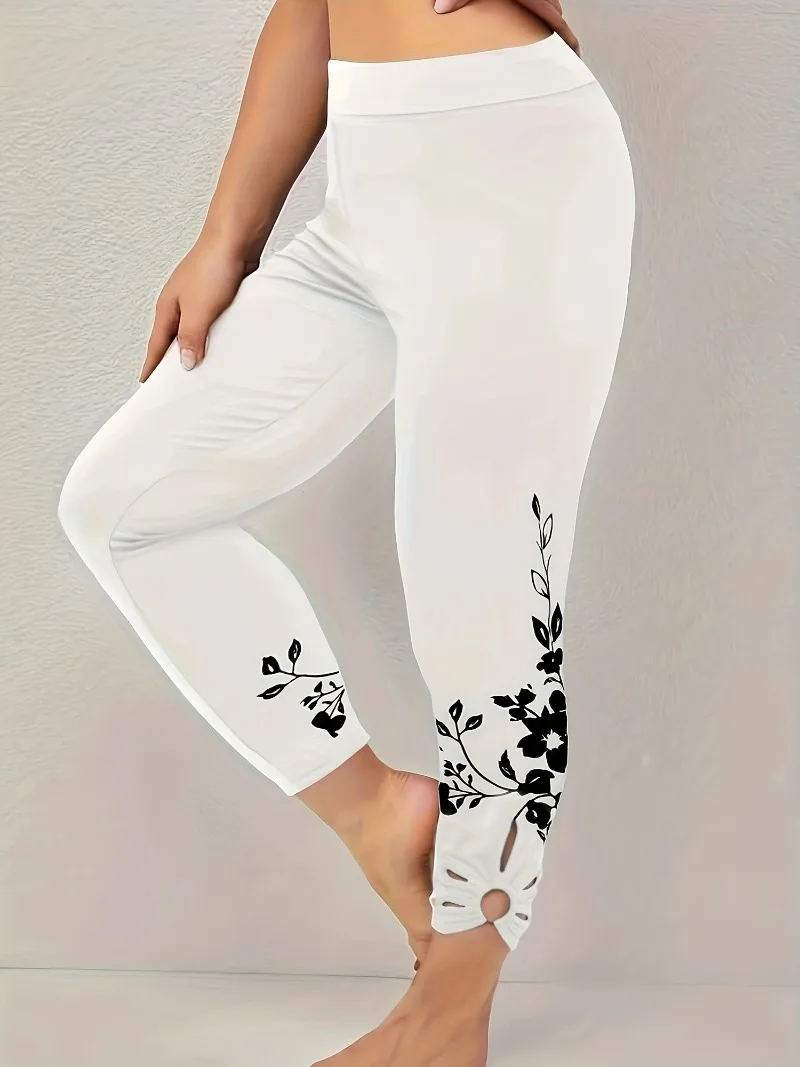 Plus Size 1XL-8XL Casual Leggings Women\'s Plus Floral Print Cut Out High Rise Medium Stretch Leggings