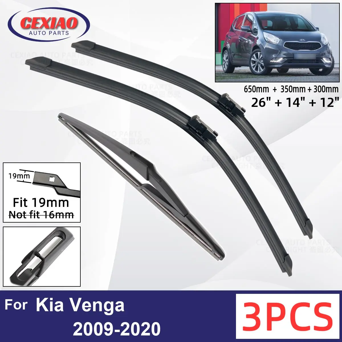 

For Kia Venga 2009-2020 Car Front Rear Wiper Blades Soft Rubber Windscreen Wipers Auto Windshield 26"14"12" 2016 2017 2018 2019