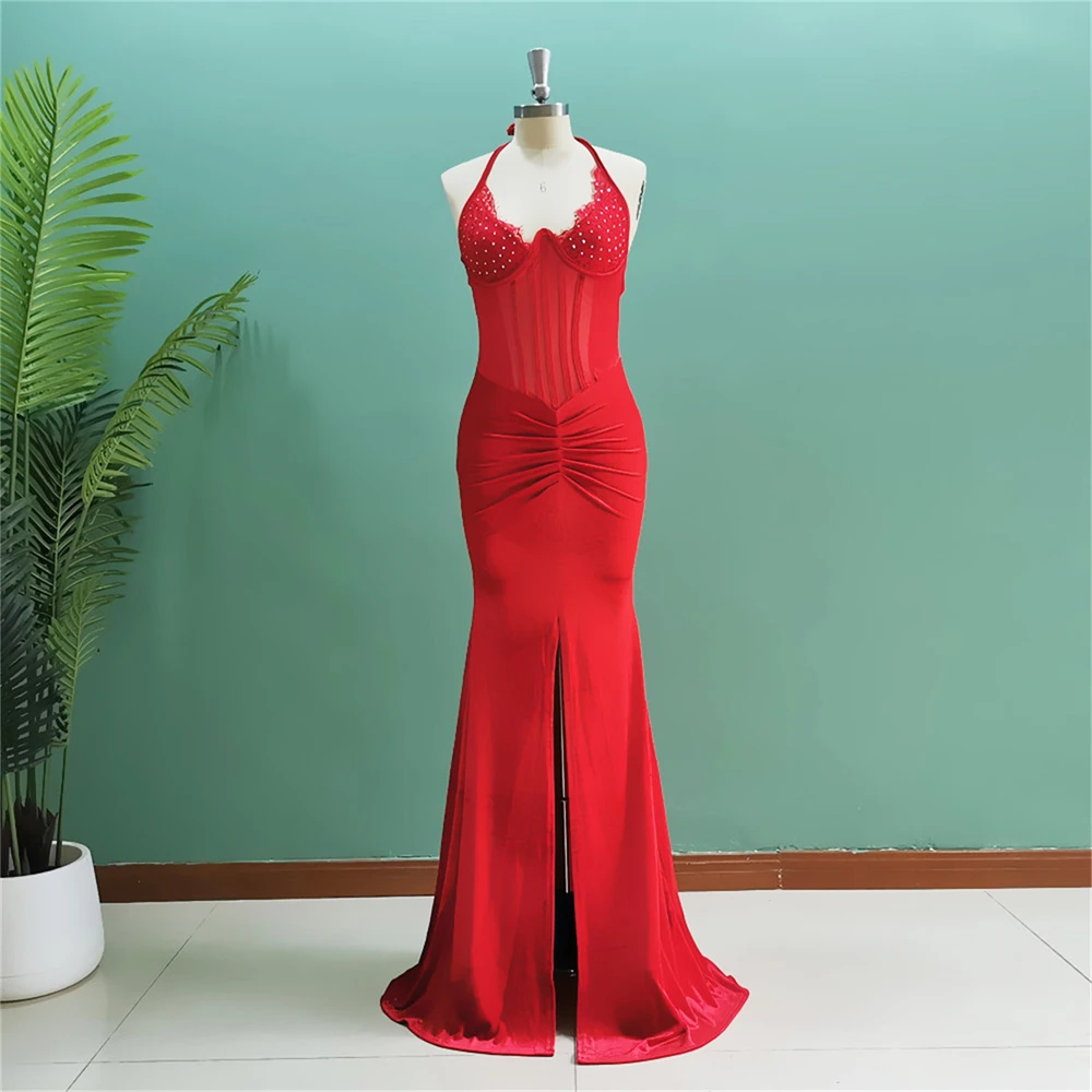 

Red Mermaid Backless Sexy 2024 Evening Dress Halter Illusion Crystals Lace Velour Long Special Occasion Gowns For Women Party