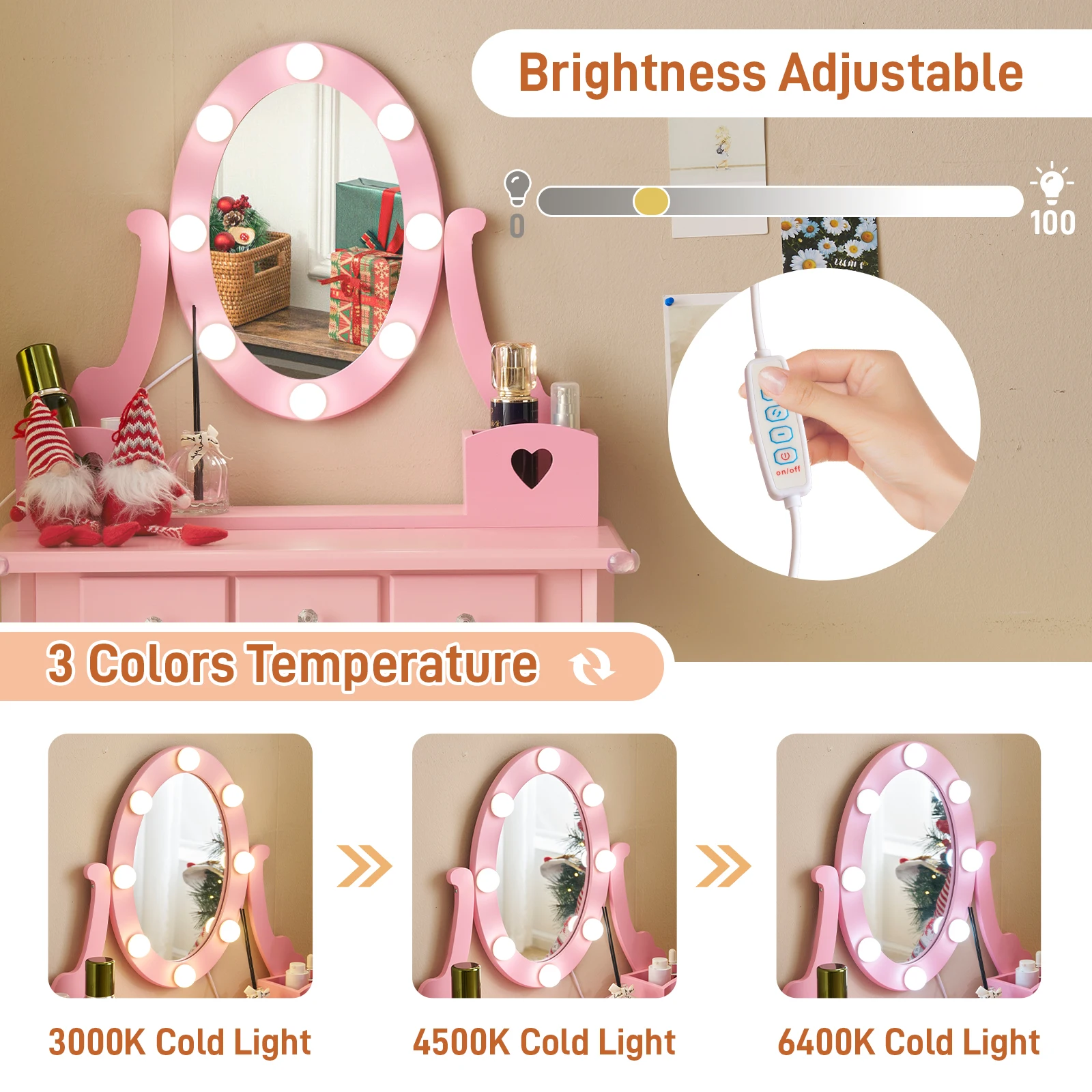 FCH Kids Vanity Set with Mirror and Lights and Stool, 5 Storage Drawers, Pretend Play Princess Makeup Desk Dressing Table