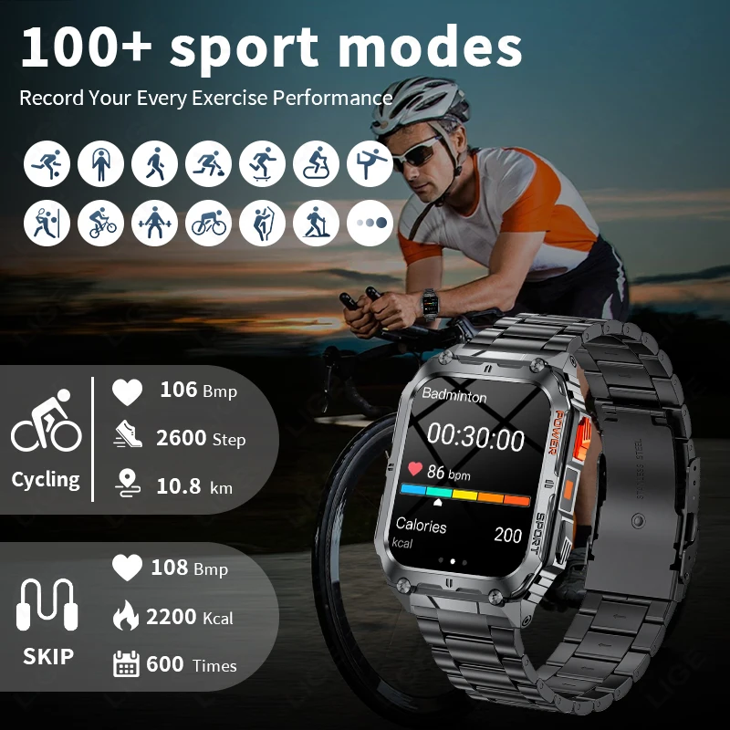 LIGE 1.91 inch HD Screen Smart Watch With Led Lighting IP68 Waterproof Outdoor Sports Health Monitor Smartwatch For Android IOS