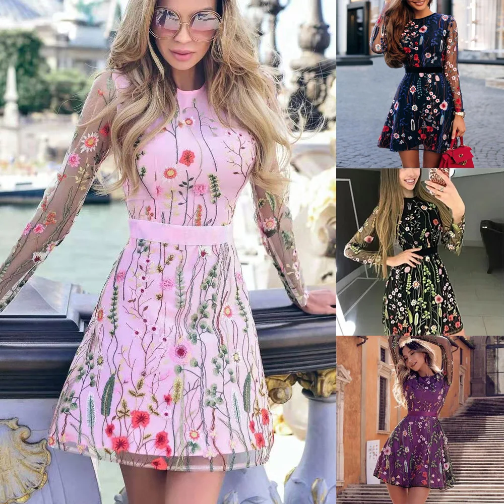 

Lace sexy mesh embroidered dress Bohemian women's floral dress