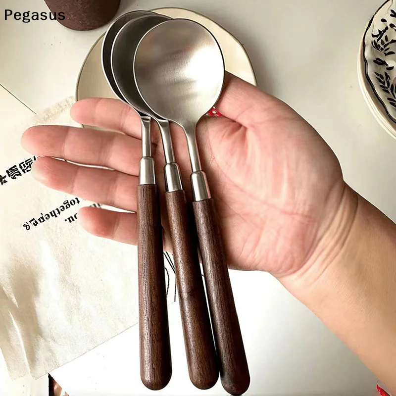 [S]Stainless Steel Soup Spoon Creativity Portable Wood Grain Spoons For Ice Cream Dessert Scoops Tablespoon Kitchen Accessories