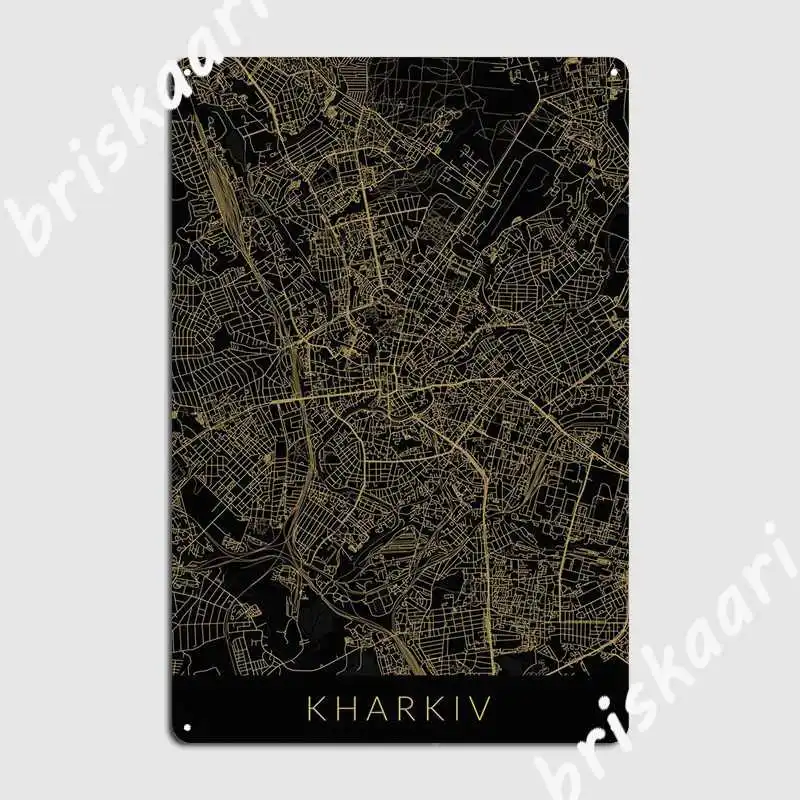 Kharkiv Map Black Gold Metal Sign Club Retro Club Bar Plates Tin Sign Poster