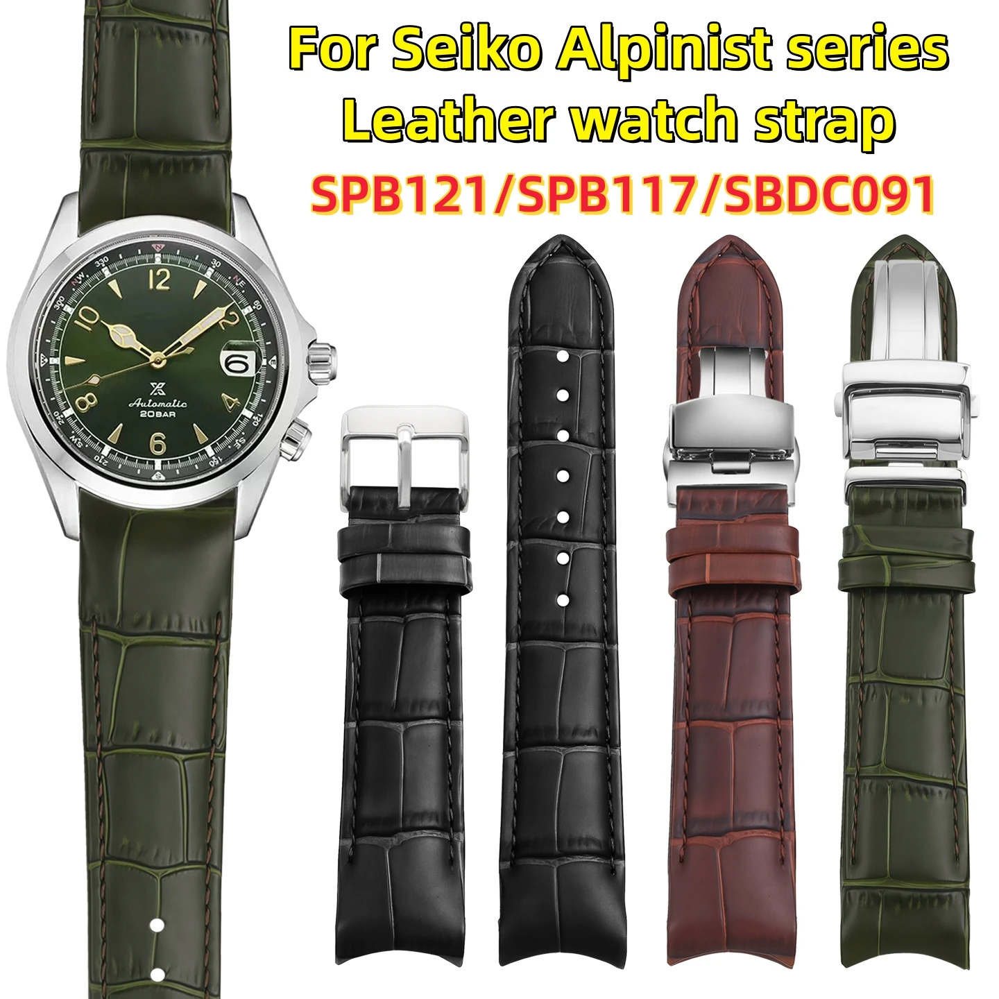 Bracelet de montre en cuir grain crocodile à extrémités courbées de 20 mm pour Seiko Alpinist SPB121J1 SPB117 SBDC091, bracelet de montre de remplacement en cuir de vache