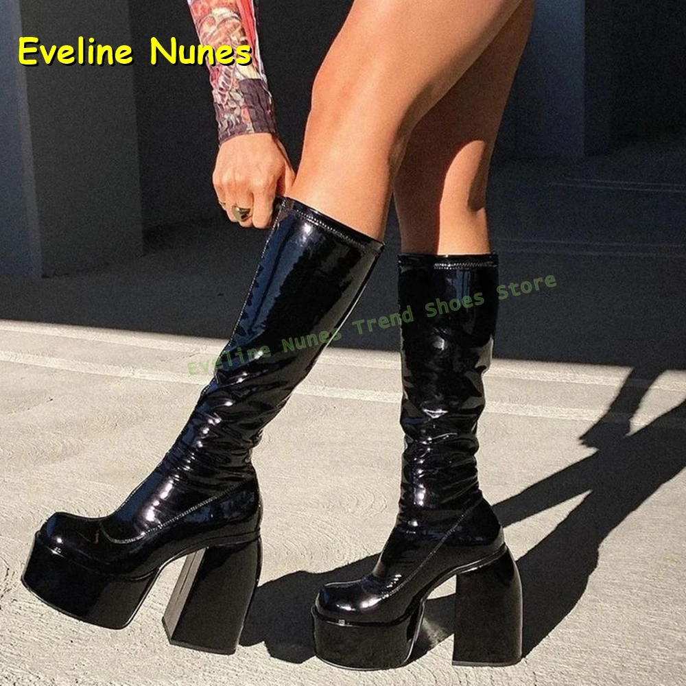 

Black Square Toe Platform Stretch Boots Solid Side Zip Height Increase Women Mid Calf Boots Spicy Girl Sexy Punk Shoes 2025 New