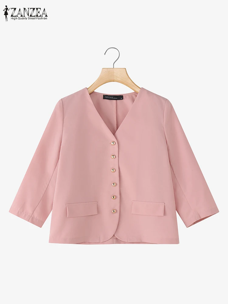 

Women Autumn Lightweight Blazer ZANZEA Elegant V-Neck Three Quarter Sleeve Button Up Suit Jackets Casual Commuting Office Wear