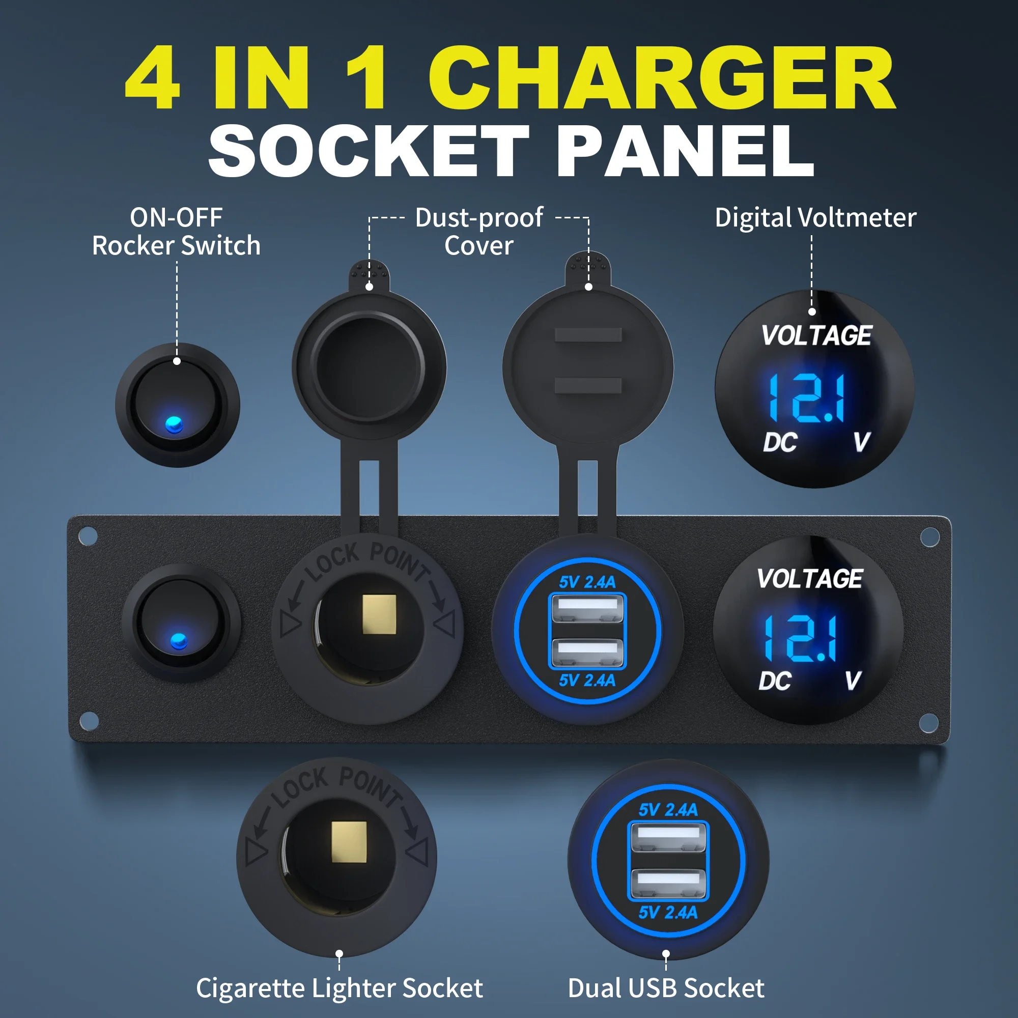 4 in 1 ON/OFF Charger Socket Panel Dual USB Socket Power Outlet & LED Voltmeter &Cigarette Lighter Socket& LED Switch