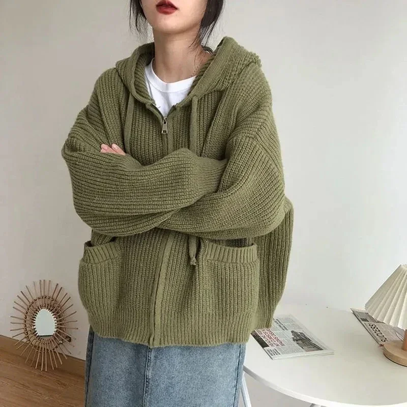 Japanese Retro Hooded Knitted Cardigan Female Autumn Winter Zipper Pockets Sweater Coat Women Casual Loose Solid Knitwear Woman