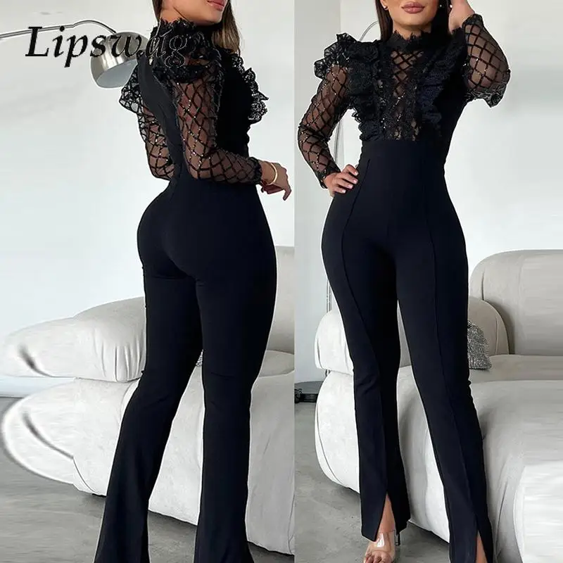 Commuter Lady Lace-Mesh Stitching Combination Sexy See-through Sequins Lattice Slim Jumpsuit Women High Waist Turtleneck Romper