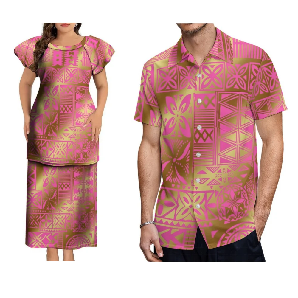 여름 라운드넥 캐주얼 폴리네시안 플레타시 커플 고품질 맞춤 제작 롱 드레스 이브닝 가운 사모아 커플 남성 셔츠