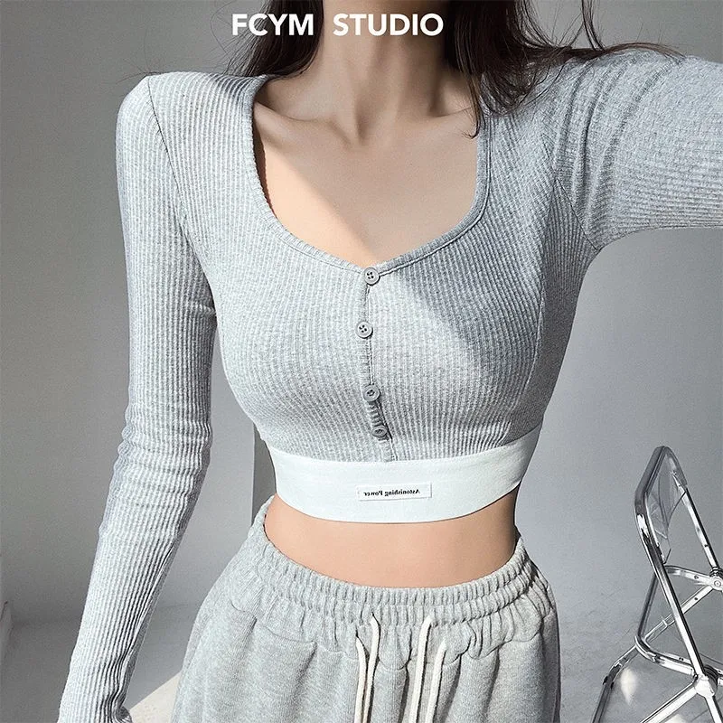 

Sexy Slim Fit ort Crop Top Long Sve T irt Women Spicy Girl Single Button Label Square Collar V Collar Base irt