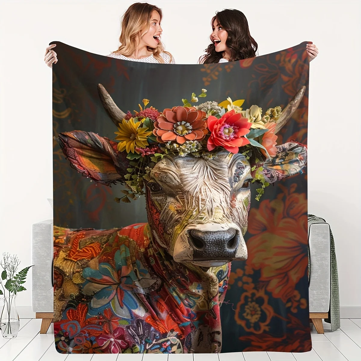 1pc Cow with Floral Wreath Blanket - Soft Flannel All-Season Cozy Throw, Contemporary Cow & Flowers Design in Golden  Brown Ton