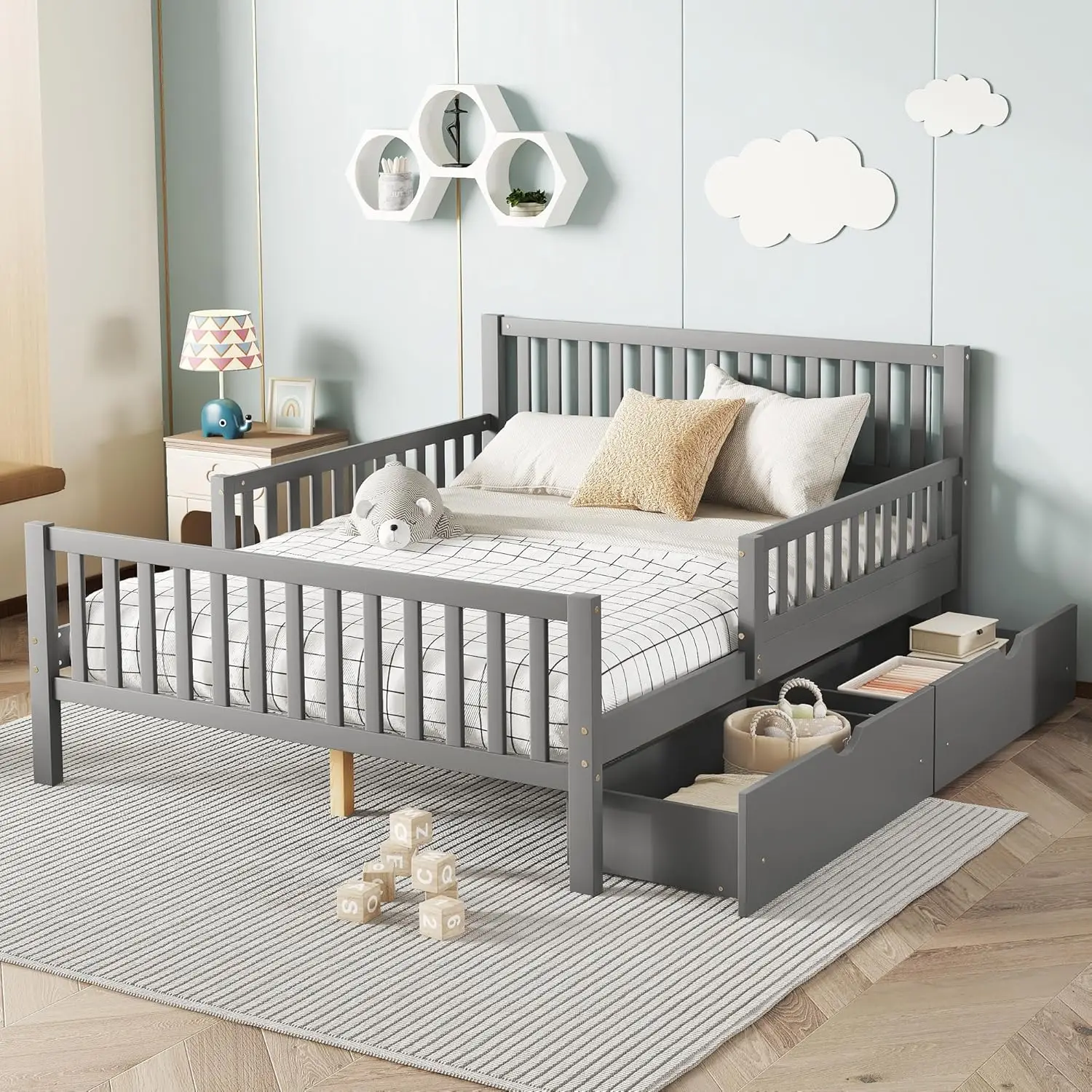 

Kids Full Size Bed Frame with Storage, Headboard, Footboard, No Box Spring, Gray