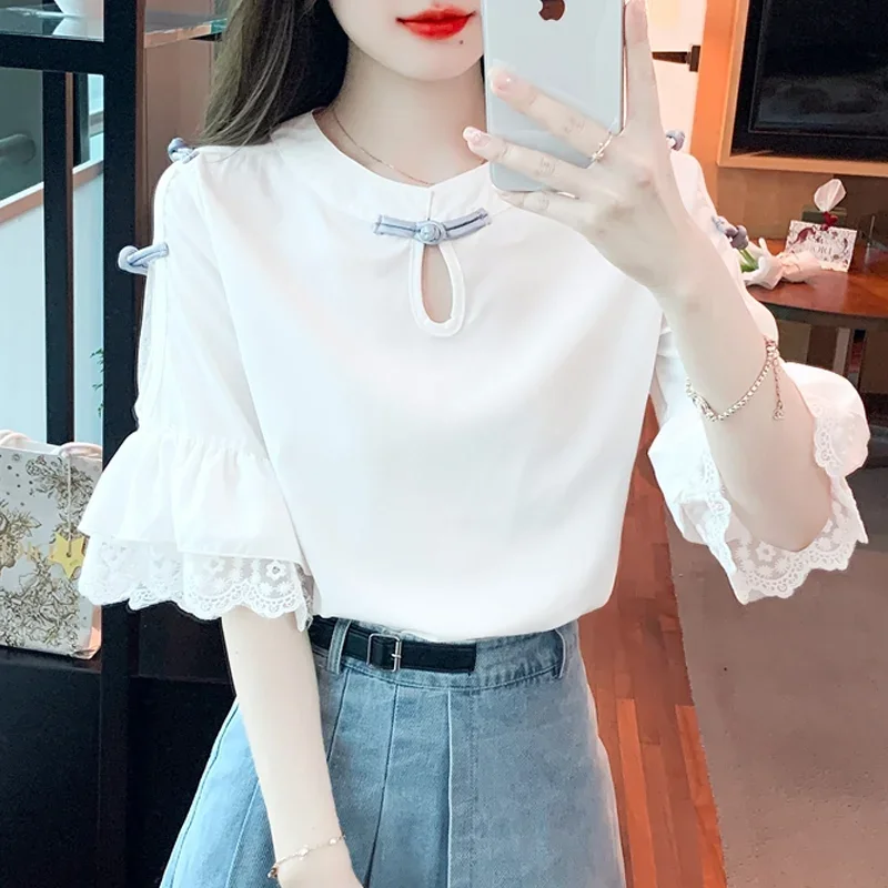 Chinoiserie Blouse Hollow Out Loose Tops Sweet Short Sleeve Chiffon Shirt with Lace Summer Traditional Chinese Clothing 27488