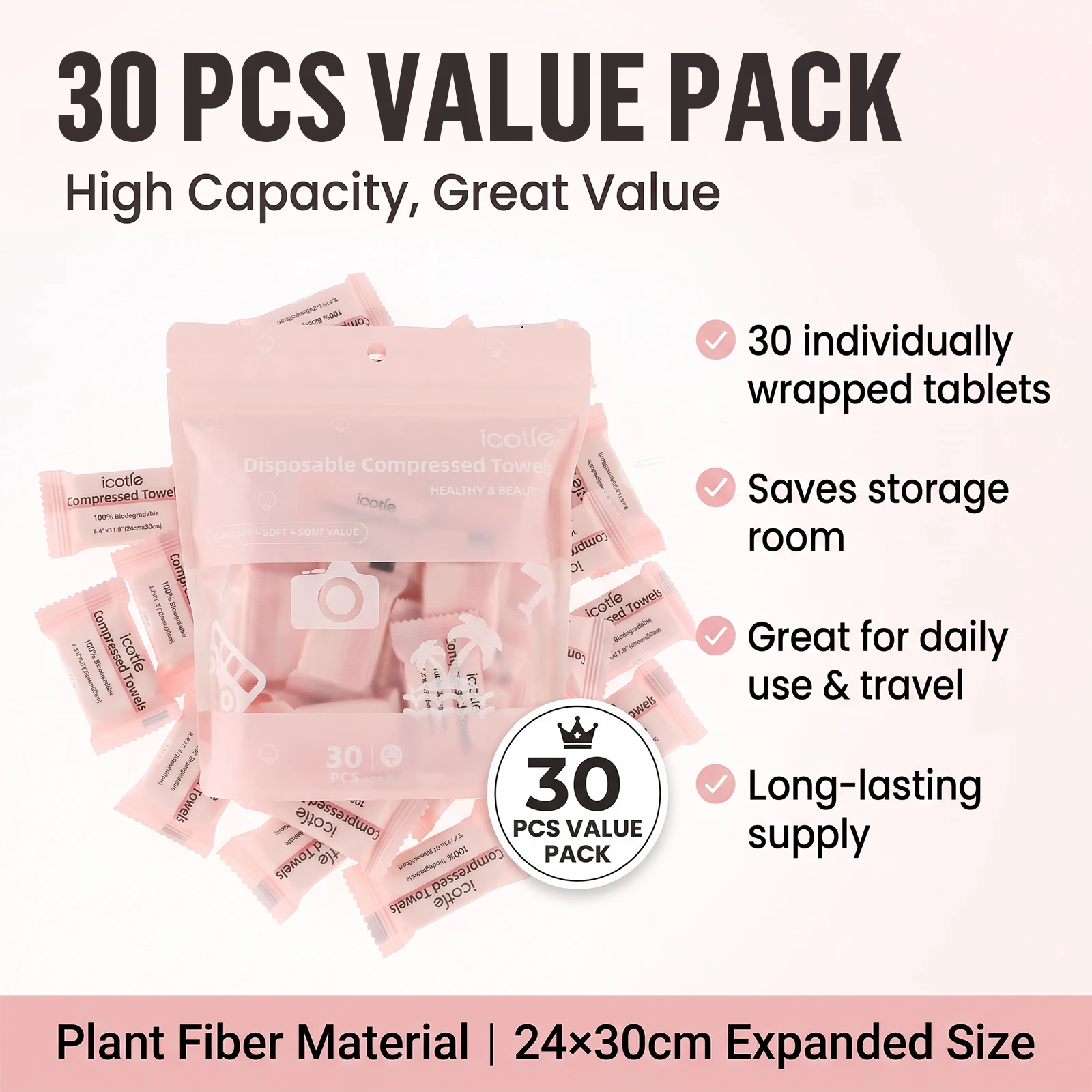 30Pcs Compressed Towel Individually Packaged Disposable Face Towels Water Activated Washcloths Travel Portable Cleaning Supplies