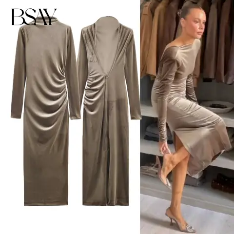 BSAY Fold Velvet Dress Women Fashion Autumn Winter Backless Elegant Back Zip Long Sleeves Chic France Female Evening