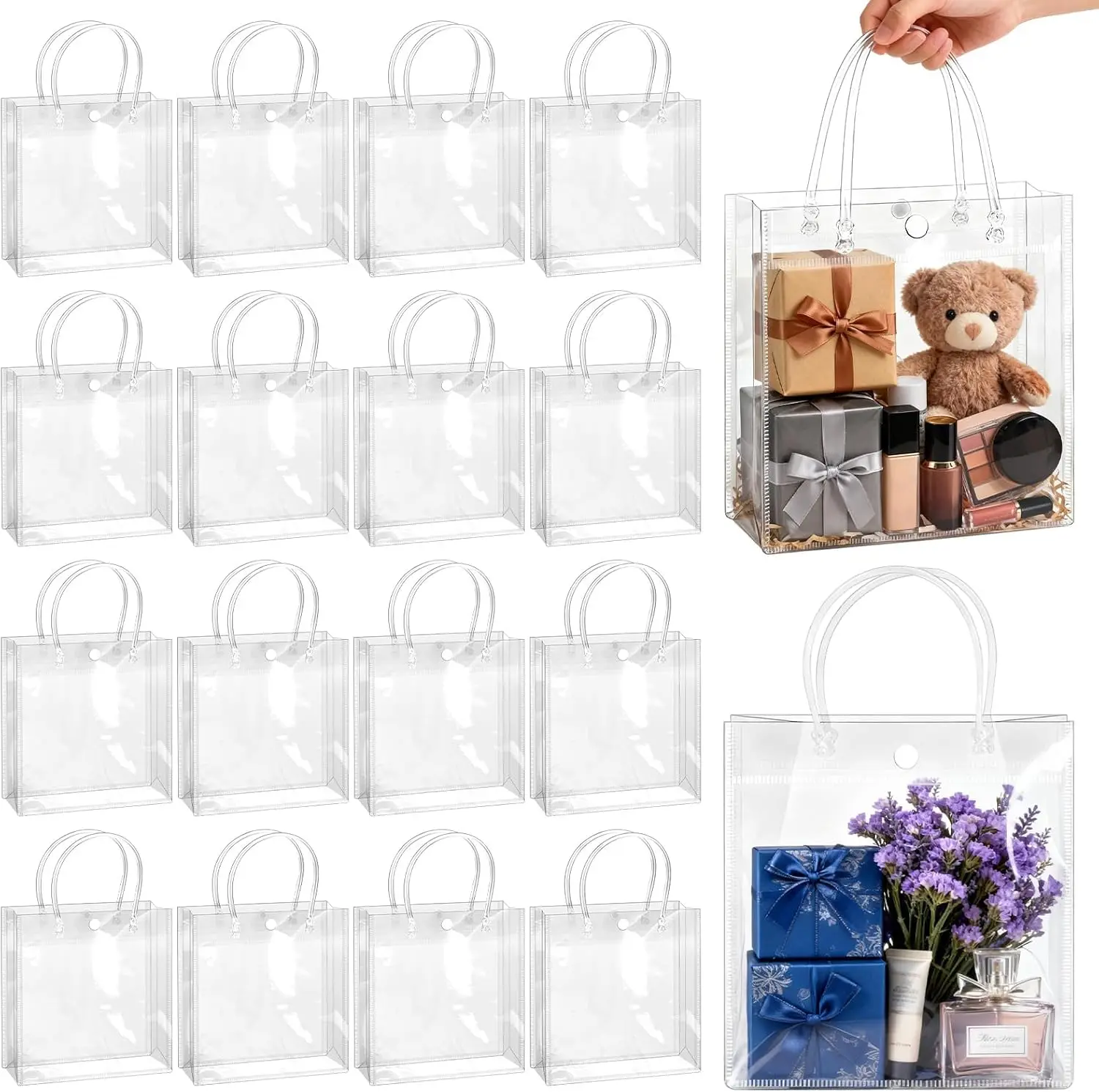 PVC Gift Tote Bag with Hand Loop Transparent Handbag Reusable Cosmetic Pouch Candy Packaging Bag for Wedding Party Favors