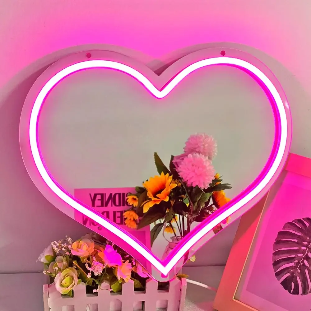 Mirror Heart Neon Sign for Wall Decor Dimmable USB Powered LED Night Light for Bedroom Salon Makeup Table Girl Room Decor Gifts