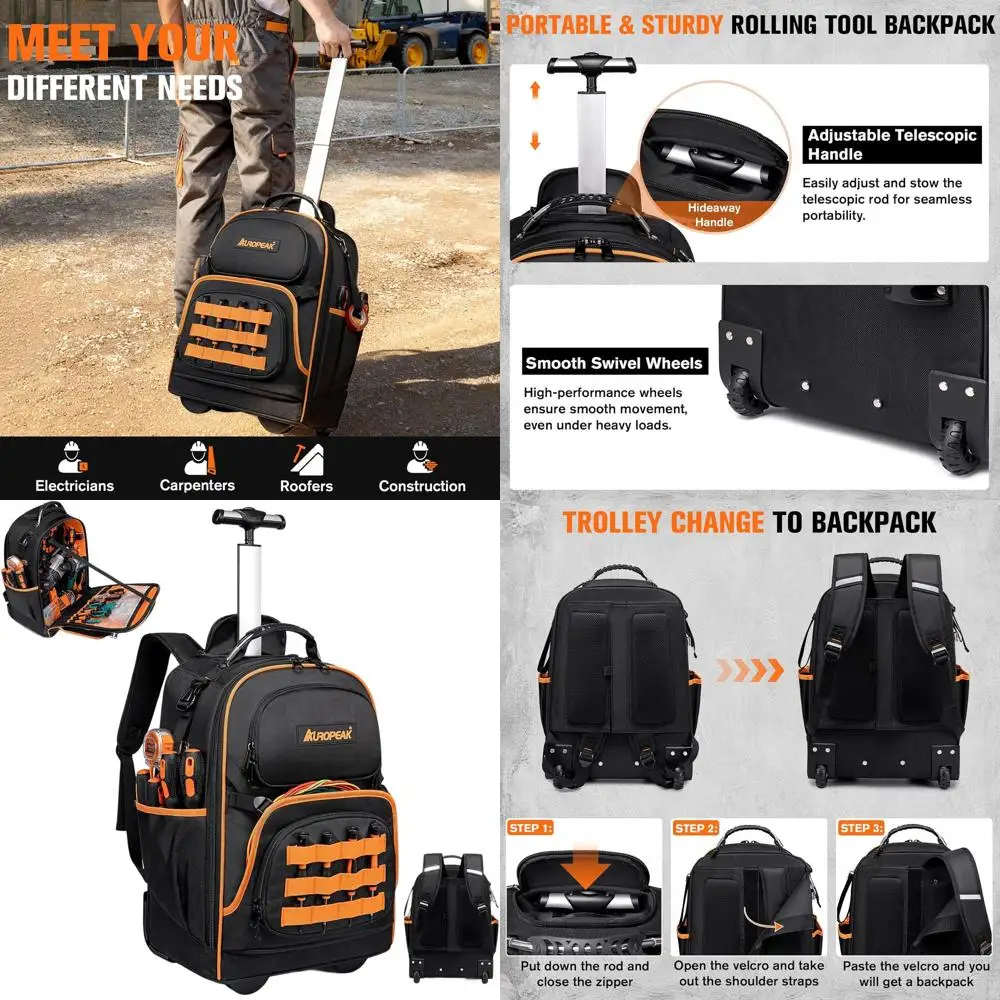 

Усиленный рюкзак-тележка 2-в-1 с 47 карманами для инструментов, подходит для специалистов по системам ОВКВ, электриков и механиков