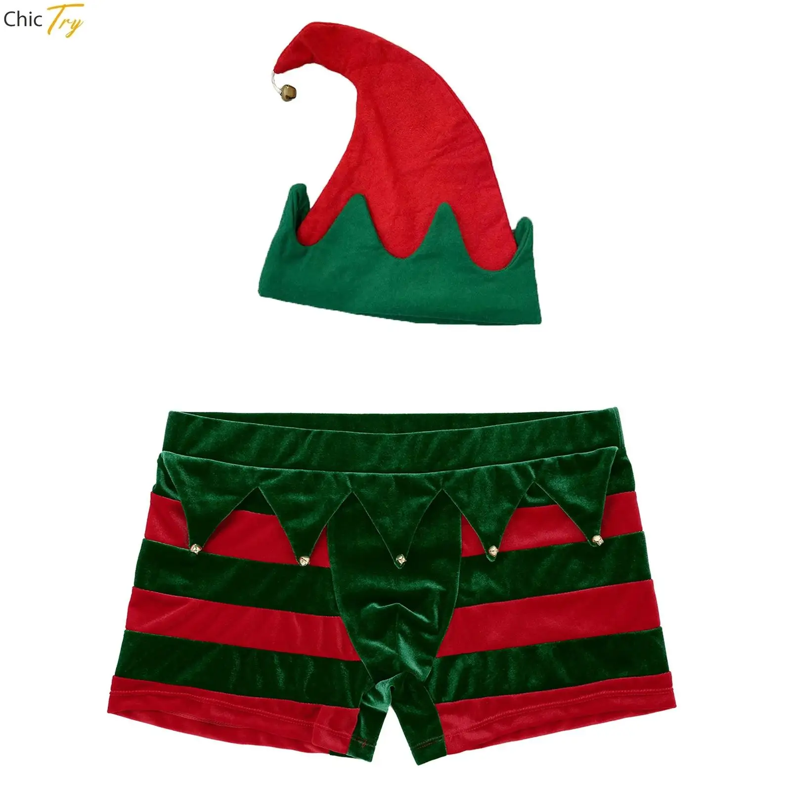 Mens Christmas Velvet Boxer Shorts Santa Claus Costume Bulge Pouch Holiday Briefs Shorts with Elf Hat Sets Funny Xmas Underwear