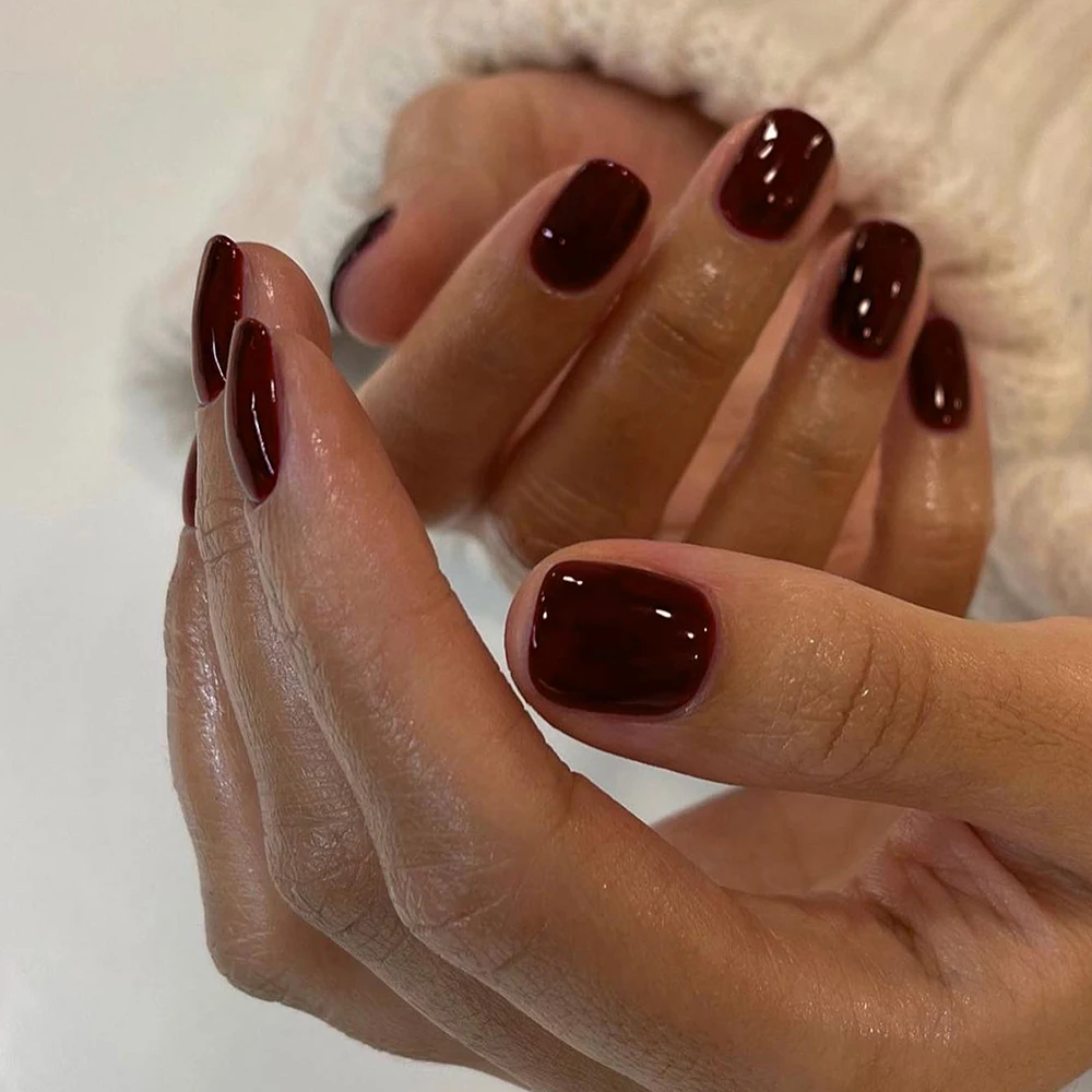 

Wine red Cherry color short French square nail press Nail patch Removable and reusable fake nails for women and girls 24pcs/ set