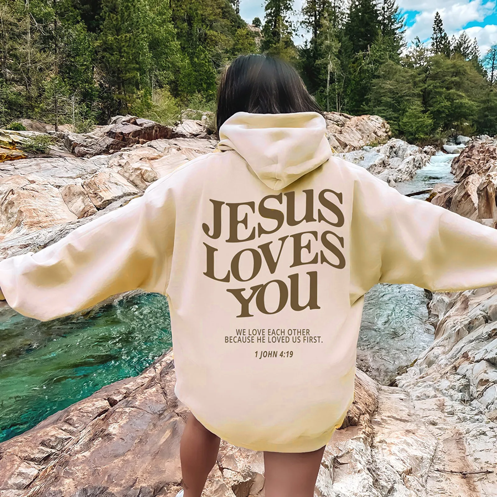 

Jesus Loves You Sweatshirt For Womens Casual Long Sleeve Hoodies Graphic Shirts Hooded Hip-Pop European American Vintage Style