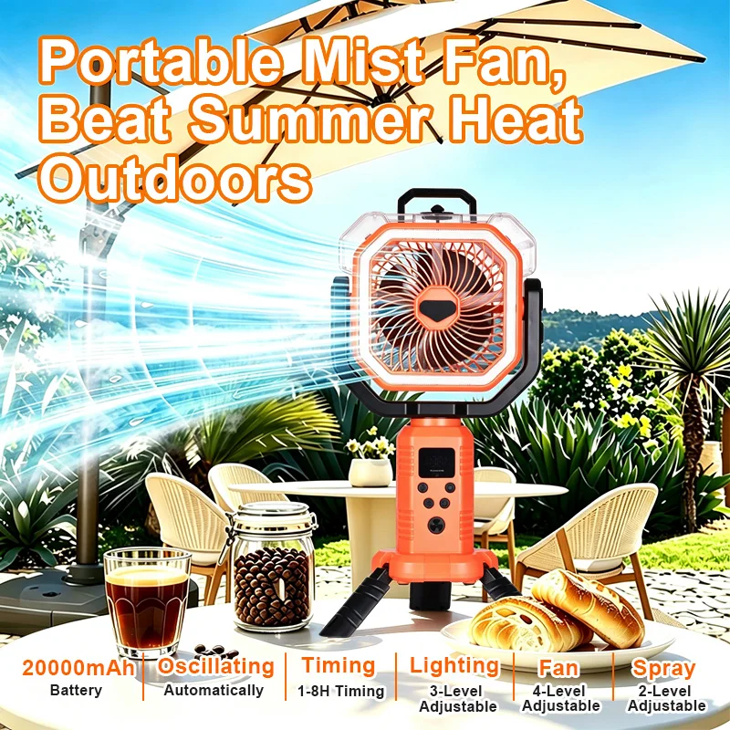 20000mAh High Capacity Portable Mist Cooling Fan, Foldable Tripod Telescopic Rod Wide Angle Oscillating Fan for Outdoor Camping