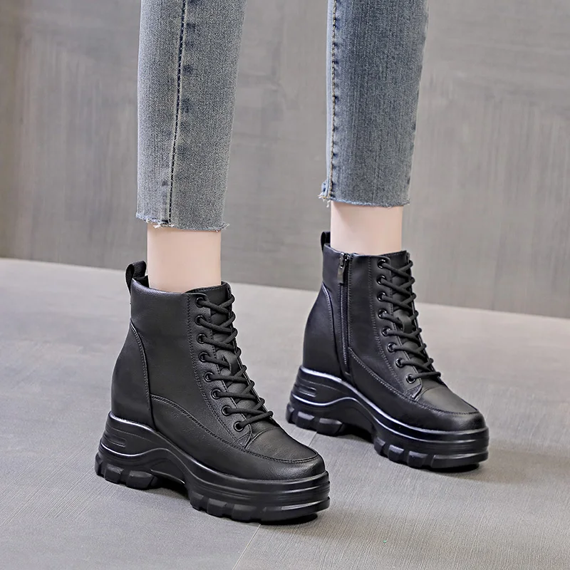 9cm Cow Black Leather Platform Wedge Shoes Autumn Pumps Women Lace-up Ankle Booties Spring Chunky Sneakers Mid Calf Winter Plush