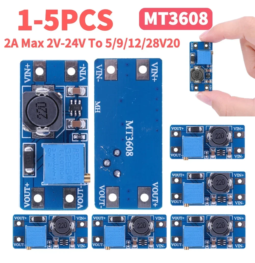 1-5pcs Booster Power Supply Module MT3608 DC-DC Step-up Board Adjustable 2A Max 2V-24V To 5V 9V 12V 28V MICRO USB Input