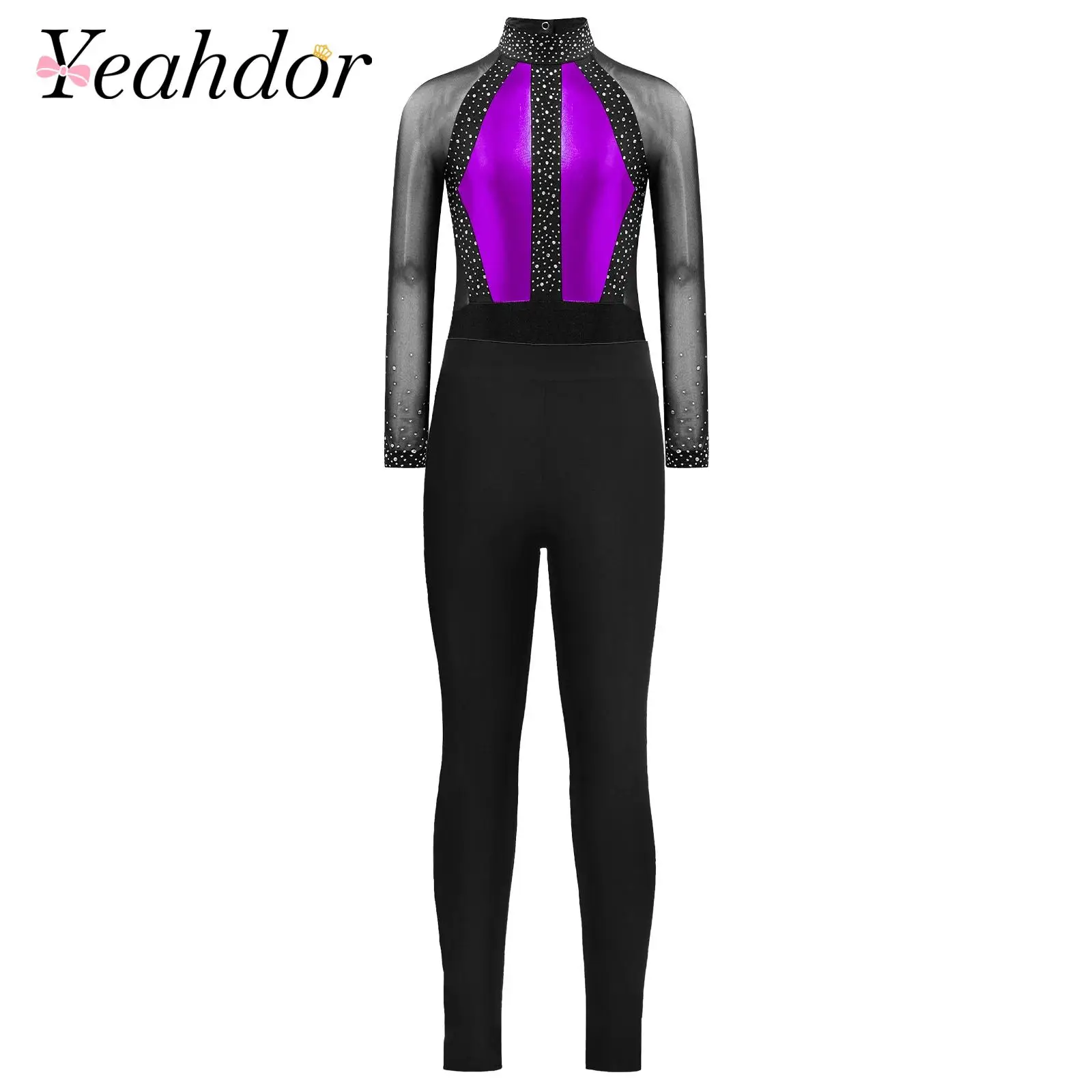 Kids Color Block Gymnastics Leotards Leggings Sheer Mesh Long Sleeve Ballet Leotard for Girls Dancewear Figure Skating Jumpsuit