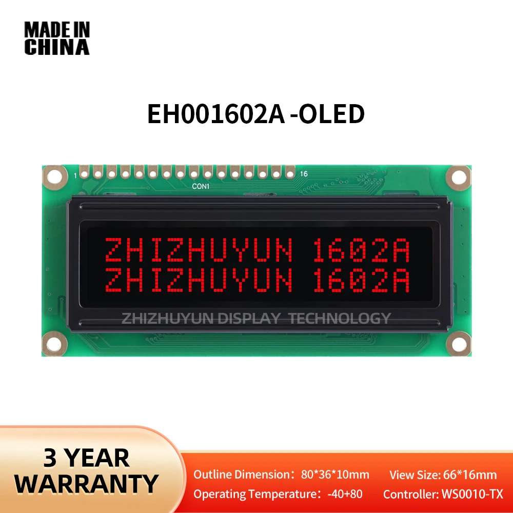 

OLED Display Screen Black Film Red Letter 16*2 Character LCD Module Built In WS0010 Working Temperature -40+80 EH1602A