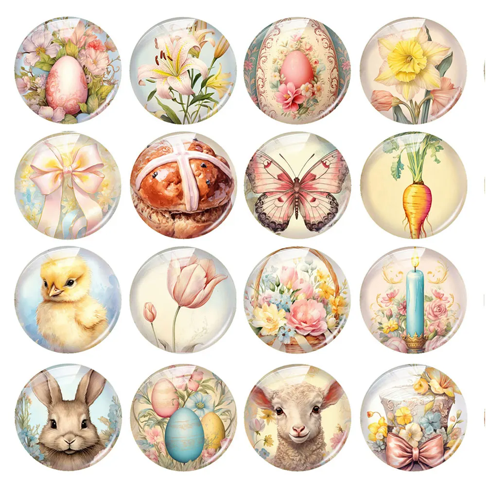 Random Mixed Round/Oval/Square Easter Bunny Flower Lamb Egg Photo Glass Cabochon Flatback Demo Cameo For Diy Jewelry Making