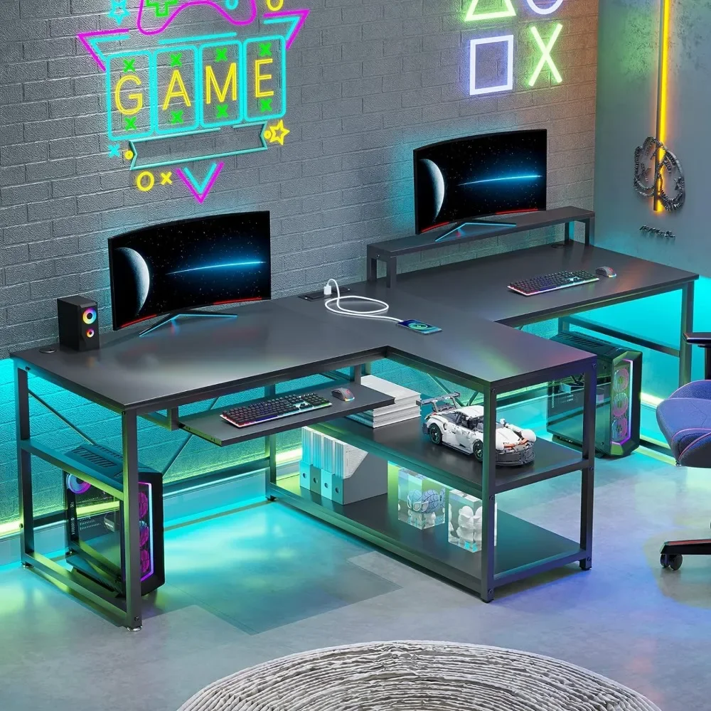 Meja kantor rumah 94.5 ", meja Gaming komputer dengan penyimpanan, lampu LED, Strip daya dengan USB, baki Keyboard & dudukan Monitor