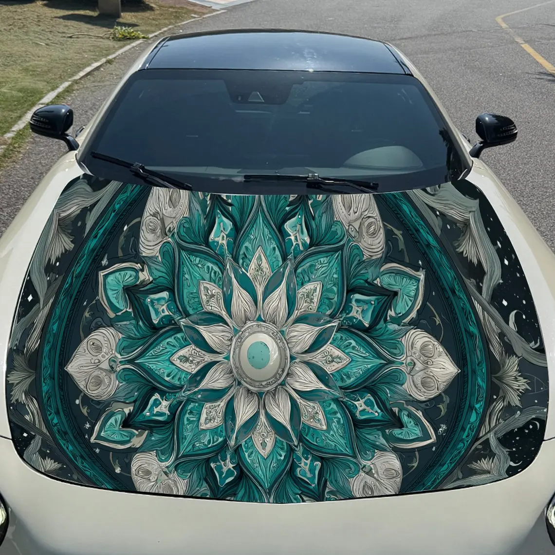 Peacock Feather Color Scheme with Mandala Elements Car Hood Vinyl Stickers Car Surface Protection Decal Car Decoration Cover Vin view 3