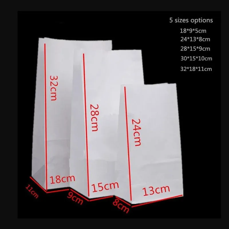 100pcs/lot-18*9*5cm Blank White Paper Bags Sandwich Bread Food Takeout Bag Wedding Party Favour Gift Bags 5 sizes options