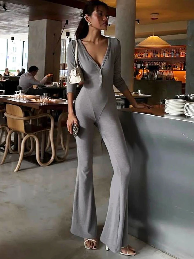 

Sisterlinda Autumn New Style Jumpsuit Women Single-Breasted Low-Neck Full Sleeve High Stretch Daily Casual Solid Simple Overalls