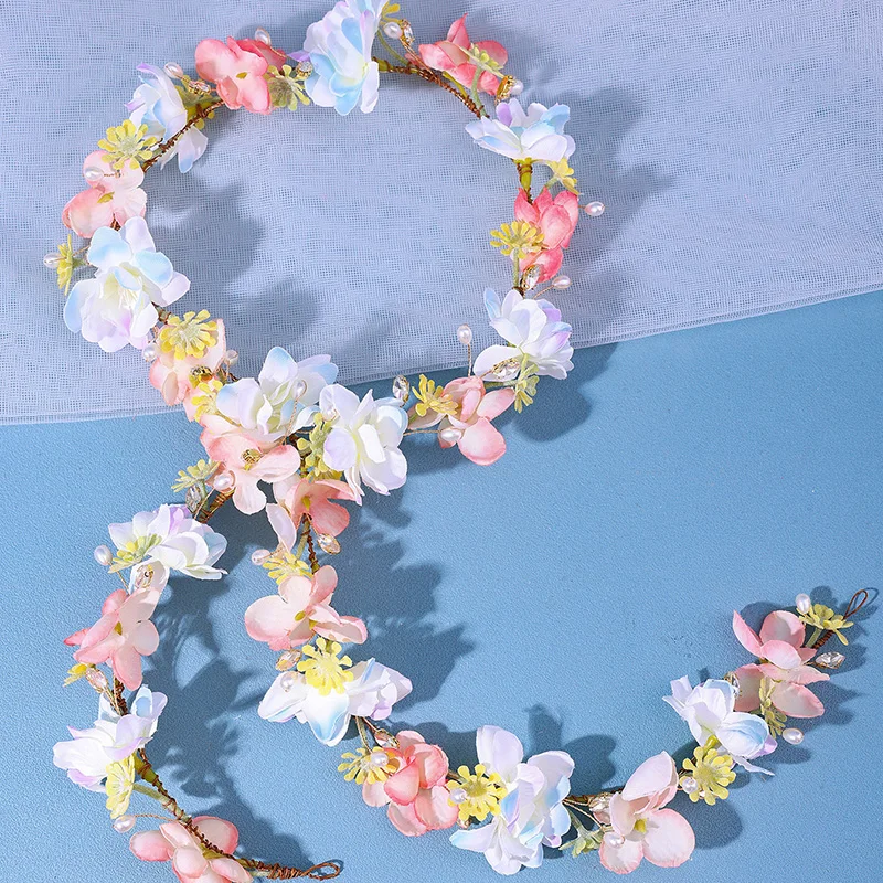 Colorful Sen Department Hand Woven Long strip Flower Headband Fashion Girls Bridal Flowers Leaves Headbands with Adjustable