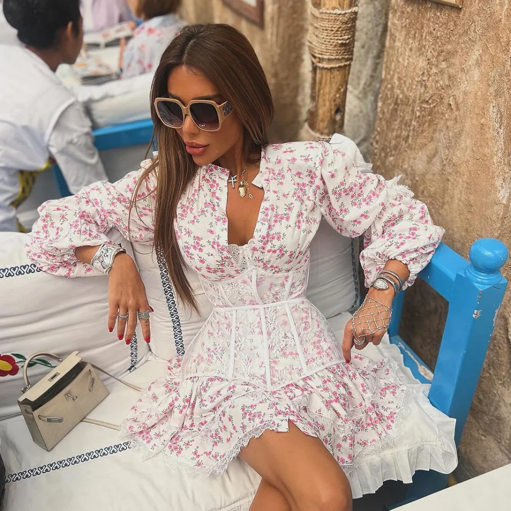 

Fashion European and American women's clothing 2025 summer sweet and fresh printed waist cinched long sleeved short lace dress